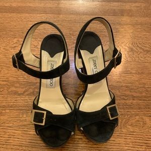 Jimmy Choo black suede open toe heels